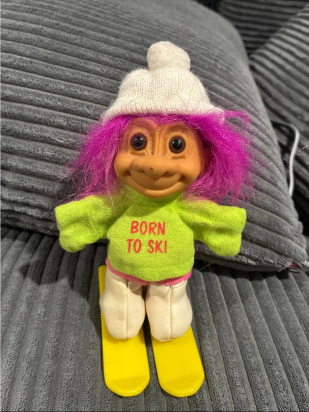 Pink-Haired Ski Troll Toy with Lime Green 'Born to Ski' Sweater